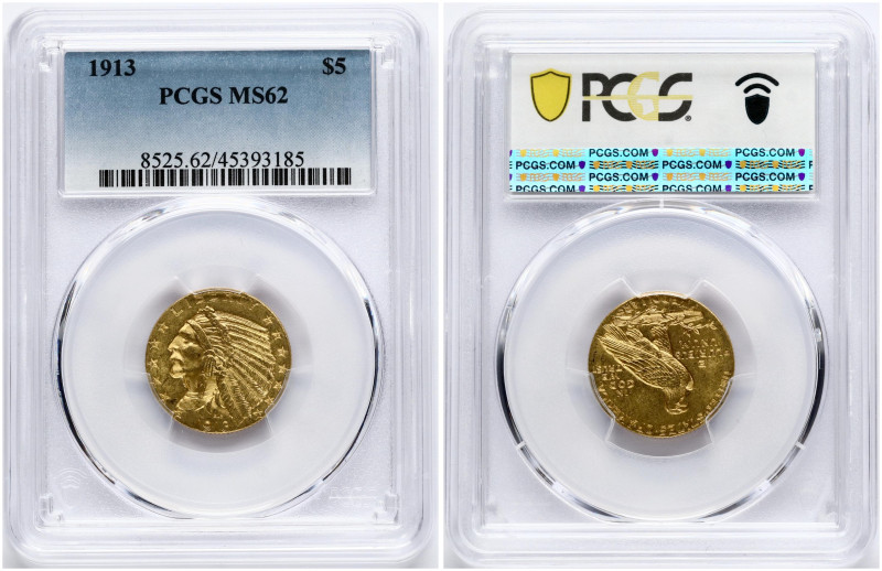 USA. 5 Dollars 1913, Philadelphia. Indian Head. Gold. KM 129. PCGS MS 62.