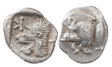 Greek Coins
Mysia, Cyzicus. Hemiobol circa 500-490, AR 0.80 g. Forepart of boar l.; behind, tunny. Rev. Head of lion l., with open jaws and tongue pro...