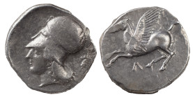 Greek Coins
CORINTHIA. Corinth. Circa 375-300 BC. AR Stater 8.54 g. Pegasos flying left; below, A. Rev. Head of Athena to left, wearing Corinthian hel...
