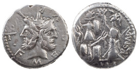 The Roman Republic
 M. Furius L.f. Philus, 120 BC. AR Denarius 3.84 g. Rome. M•FOVRI•L•F Laureate head of Janus. Rev. ROMA / PH L I Roma standing fron...