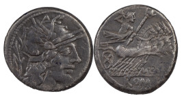 The Roman Republic
M. CARBO. 122 BC. AR Denarius 3.86 g. Rome. Helmeted head of Roma right; behind, branch; below chin. M CARB / ROMA. Jupiter driving...