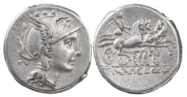 The Roman Republic
 Appius Claudius Pulcher, T. Manlius Mancius and Q. Urbinius, 111-110 BC. AR Denarius 4.00 g. Rome. Head of Roma to right, wearing ...
