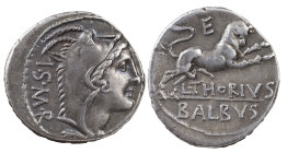 The Roman Republic
L. Thorius Balbus, 105 BC. AR Denarius 4.00 g. Rome. I•S•M•R Head of Juno Sospita to right, wearing goat-skin headdress. Rev. L•TH...