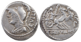 The Roman Republic
 P. Servilius M.f. Rullus, 100 BC. AR Denarius 3.83 g. Rome. RVLLI Helmeted bust of Minerva to left, wearing aegis. Rev. P•SERVILI•...
