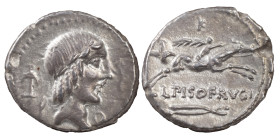 The Roman Republic
L. Calpurnius Piso Frugi, 90 BC. AR Denarius 3.49 g. Rome. Laureate head of Apollo to right; behind, Anchor. Rev. L•PISO•FRVGI Nake...