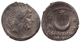 The Roman Republic
 P. Clodius M.f. Turrinus, 42 BC. AR Denarius 3.83 g. Rome. Radiate head of Sol to right; behind head, quiver. Rev. P•CLODIVS•M•F C...