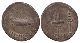 The Roman Republic
 Mark Antony, 44-30 BC. AR Denarius 3.13 g. Military mint moving with Mark Antony (Patrae?), 32-31. ANT AVG - III VIR•R•P•C Galley ...