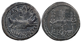 The Roman Republic
Mark Antony, 44-30 BC. AR Denarius 2.77 g. Military mint moving with Mark Antony (Patrae?), 32-31 BC. ANT AVG III VIR R•P•C Galley...
