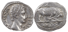 The Roman Empire
Augustus, 27 BC-AD 14. AR Denarius 3.87 g. Lugdunum, circa 15-13 BC. AVGVSTVS DIVI•F Bare head of Augustus to right. Rev. IMP•X Bull ...
