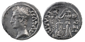 The Roman Empire
Augustus, 27 BC-AD 14. AR Quinarius 1.66 g. Emerita, 25-23 BC. AVGVST Bare head of Augustus to left. Rev. P CARISI LEG Victory stand...