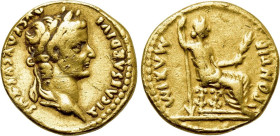 The Roman Empire
 Tiberius, 14-37. AU Aureus 7.62 g. Lugdunum, 15-18. TI CAESAR DIVI AVG F AVGVSTVS. Laureate head right. PONTIF MAXIM. Livia (as Pax)...