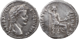 The Roman Empire
 Tiberius, 14-37. AR Denarius 3.79 g, Lugdunum, 15-18. TI CAESAR DIVI AVG F AVGVSTVS Laureate head of Tiberius to right. Rev. PONTIF ...