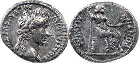 The Roman Empire
Tiberius, 14-37. AR Denarius 3.54 g, Lugdunum, 15-18. TI CAESAR DIVI AVG F AVGVSTVS Laureate head of Tiberius to right. Rev. PONTIF ...
