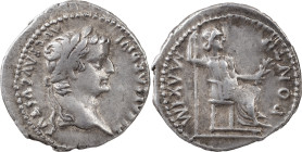 The Roman Empire
 Tiberius, 14-37. AR Denarius 3.75 g, Lugdunum, 15-18. TI CAESAR DIVI AVG F AVGVSTVS Laureate head of Tiberius to right. Rev. PONTIF ...