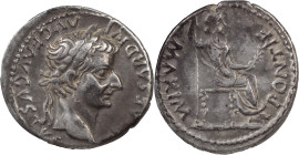 The Roman Empire
 Tiberius, 14-37. AR Denarius 3.71 g, Lugdunum, 15-18. TI CAESAR DIVI AVG F AVGVSTVS Laureate head of Tiberius to right. Rev. PONTIF ...