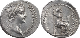 The Roman Empire
Tiberius, 14-37. AR Denarius 3.58 g, Lugdunum, 15-18. TI CAESAR DIVI AVG F AVGVSTVS Laureate head of Tiberius to right. Rev. PONTIF ...