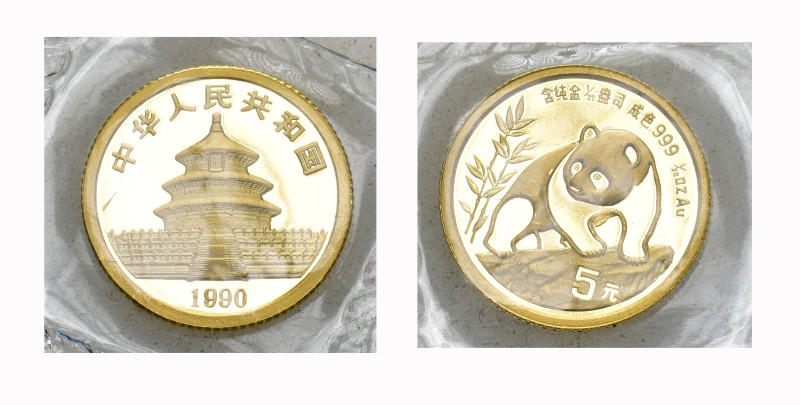 CHINA. Volksrepublik. 5 Yuan 1990, Shanghai Mint. Panda. 1.56 g In Originalversc...