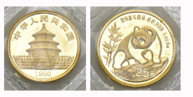 CHINA. Volksrepublik. 25 Yuan 1990, Shanghai Mint. Panda. 1/4 oz  In Originalverschweisst FDC