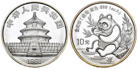 CHINA. Volksrepublik. 10 Yuan 1991, Shanghai Mint. Panda. 1 oz Silber 31.1g  FDC