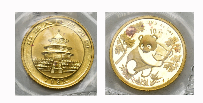 CHINA. Volksrepublik. 10 Yuan 1992, Shanghai Mint. Panda. 1/10 oz 3.1g In Origin...