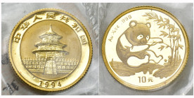 CHINA. Volksrepublik. 10 Yuan 1994, Shanghai Mint. Panda. 1/10 oz 3.1g In Originalverschweisst FDC