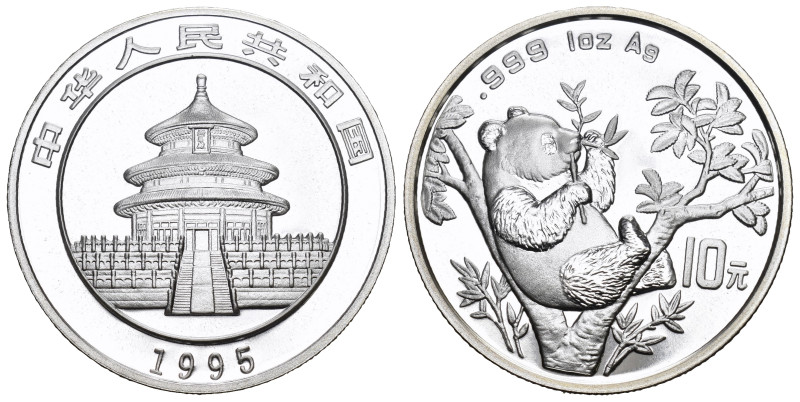 CHINA. Volksrepublik. 10 Yuan 1995, Shanghai Mint. Panda. 1 oz Silber 31.1g FDC