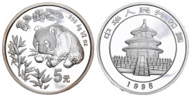 CHINA. Volksrepublik. 5 Yuan 1998, Shanghai Mint. Panda. Silber 1/2 oz In Kapsel  FDC
