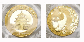 CHINA. Volksrepublik. 50 Yuan 2001, Shanghai Mint. Panda. 1/10 oz 3.1g Originalverschweisst FDC