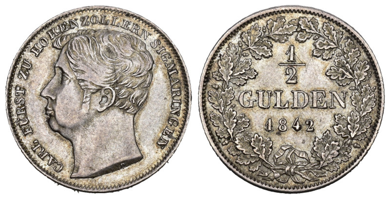 HOHENZOLLERN-SIGMARINGEN. Karl, 1831 - 1848. 1/2 Gulden 1842, Karlsruhe. Kopf na...
