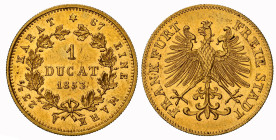 FRANKFURT, STADT Dukat 1853. 3.49 g. Divo/S. 71; Fb. 1027; Schl. 245. GOLD. R Nur 1.121 Exemplare geprägt NGC UNC Detail, minimal berieben Cert.No: 29...