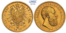 SACHSEN-MEININGEN. Georg II., 1866-1914. 20 Mark 1872. J. 275. Selten in dieser Erhaltung. Attraktives Exemplar, NGC AU 58 TOP POP Cert.No: 2923550-00...