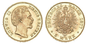 BAYERN 1877 5 Mark Gold 1.9g J: 195 selten vorzüglich +