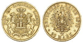 HAMBURG. Freie und Hansestadt. 20 Mark 1878. J. 210. Selten in dieser Erhaltung. Bis vorzüglich
