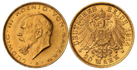 BAYERN Ludwig III. 1913-1918. 20 Mark 1914. J. 202. Prachtexemplar NGC MS 63 Cert.No: 2926330-006