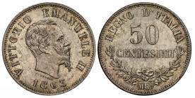 ITALIEN 50 Centesimi 1863 M BN KM 14.1, N 4258; Silver 2.45 g.selten NGC MS 63 Cert.No: 2897601-009