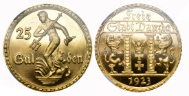 POLEN DANZIG Stadt. 25 Gulden 1923. Gold  J. D10 von grösster Seltenheit in Proof  NGC PF 63+ ULTRA CAMEO Cert.No: 6647354-020