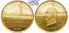 PERU. Statue von General San Martin Goldmedaille, 1890.Von J. F. R. Whalen. Durchmesser: 45 mm; Gewicht: 74,39 g. Zur Feier der Grundsteinlegung für d...