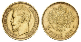 RUSSLAND Nicholas II. 1894-1917. 5 Roubles 1897, St. Petersburg Mint, (AG). 4.29 g. Bitkin 18. Fr. 180. vorzüglich