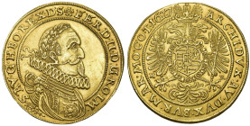 RÖMISCH-DEUTSCHES REICH. Ferdinand II., 1592-1618-1637. 5 Dukaten 1627 HR, Breslau. 16,99 g. Geharnischtes Brustbild r. mit Lorbeerkranz und umgelegte...