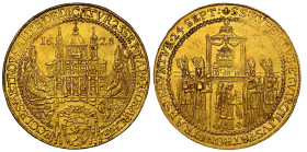 SALZBURG, ERZBISTUM.   Paris von Lodron, 1619-1653. 8 Dukaten 1628. Auf die Domweihe. Variante mit breitem Schrötling und geflügeltem Engelsköpfchen a...