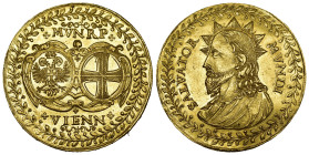 HABSBURGISCHE ERBLANDE-ÖSTERREICH. DIE STADT WIEN.  Goldmedaille zu 10 Dukaten o. J. (um 1648), unsigniert. Salvator­medaille. + MVNRP + / + VIENN + Z...