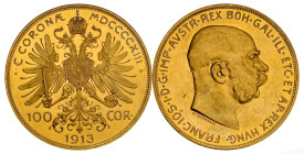 RDR / ÖSTERREICH. Franz Joseph I. 1848-1916. 100 Kronen 1913, Wien. 33.88 g. Herinek 322. Schl. 655. Fr. 507. Selten. Nur 2'696 Exemplare geprägt / Ra...