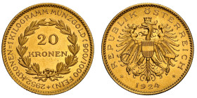 ÖSTERREICH 1. Republik, 1918-1938. 20 Kronen 1924, Wien. 6,10 g Feingold. Fb. 519; J. 422; Schl. 678. GOLD NGC MS 63 Cert.No: 2920832-013