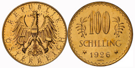 ÖSTERREICH. 1. Republik, 1918-1938. 100 Schilling 1926, Wien. 21,17 g Feingold. Fb. 520; J. 437; Schl. 679. GOLD Prachtexemplar NGC PL 63 Cert.No: 293...