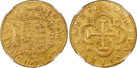 SPANIEN Charles II gold 8 Escudos 1699 S-M, Seville mint, KM233.1, Cal-1060, Fr-218. NGC AU 53