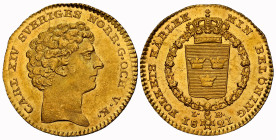 SCHWEDEN. KÖNIGREICH. Karl XIV. Johann, 1818-1844 Dukat 1821, Stockholm. 3,44 g Feingold. Ahlström 16; Fb. 84; Schl. 33. NGC MS 63 Cert.No: 2933813-01...