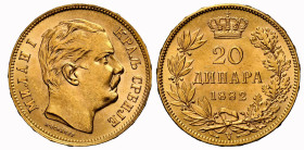 SERBIEN .  1868-1882-1889. 20 Dinara 1882, A, Paris. 5,81 g Feingold. Fb. 3; Schl. 1. NGC MS 62