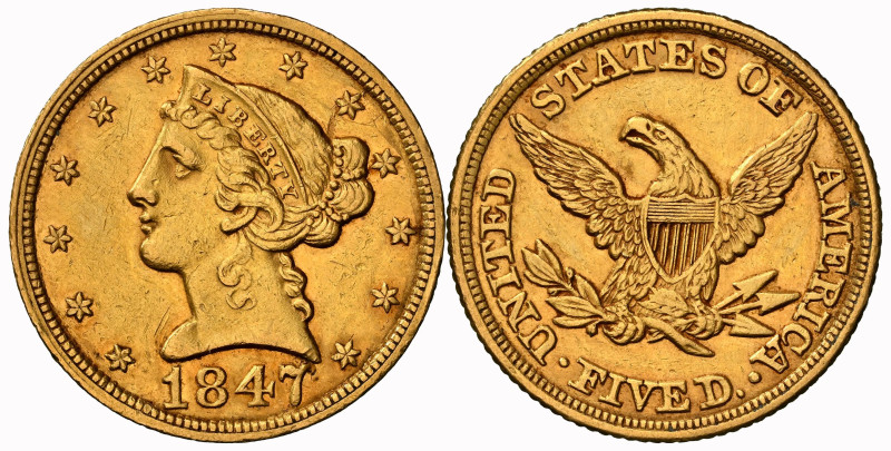 USA 1847 5 Dollar Gold 8g selten NGC AU Detail stark berieben