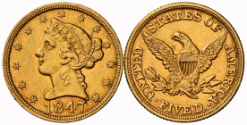 USA 1847 5 Dollar Gold 8g selten NGC AU Detail stark berieben