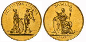 Basel Stadt 10 Dukaten 1770. Stempel von Johann Jakob (I.) Handmann. BASILIA \ M · DCCLXX · Personifizierte Basilea mit Mauerkrone, Palmzweig, Stange ...